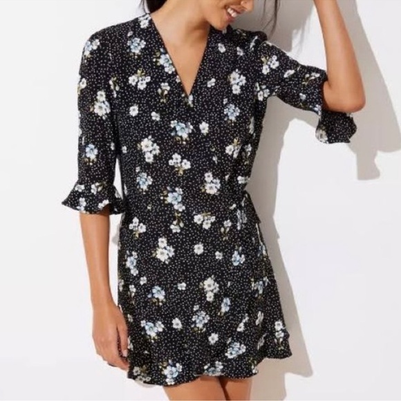 Loft Women’s Floral Polka Dot Wrap Romper Dress Size 4 Flutter Ruffle Boho - Picture 1 of 11